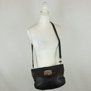 Brighton Women's Black Brown Embossed Leather Fold Over Crossbody Bag